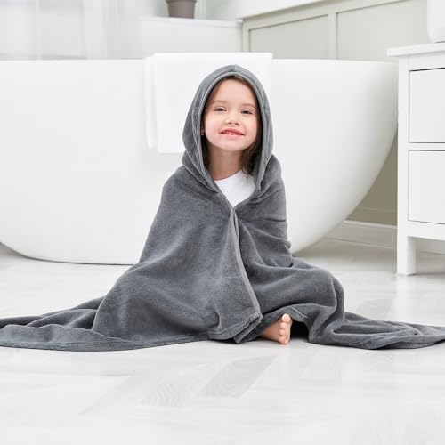 Hiturbo Kids Fleece Hooded Bath Towel - 50x30 Inches Gray