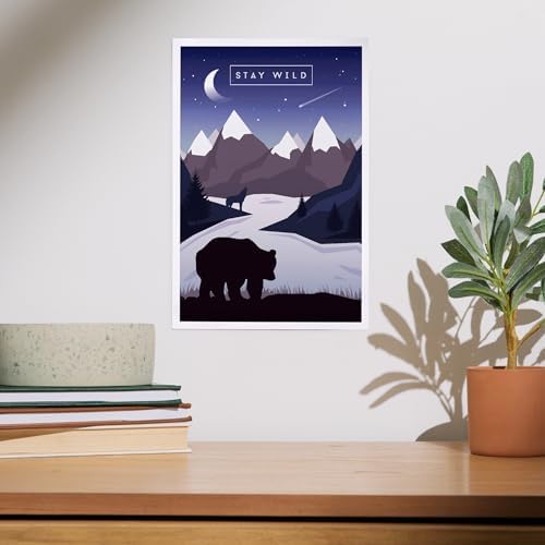 Lantern Press 8x12 Art Print Stay Wild Bear Mountain Night Sky Purple