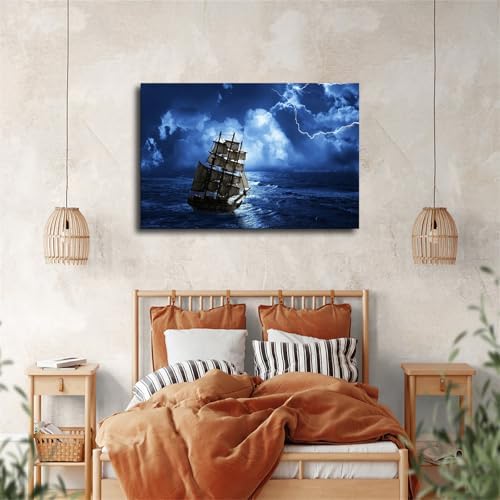 Blue Thunderstorm Pirate Ship Ocean Voyage Canvas Poster Wall Art