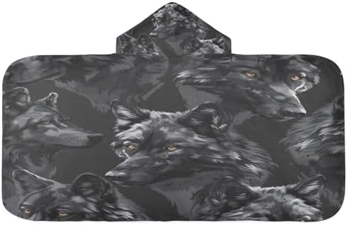 Wolves Head Black Hooded Towel for Kids