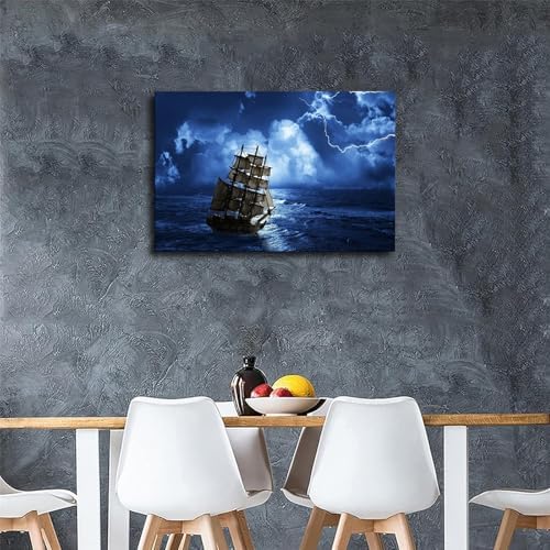 Blue Thunderstorm Pirate Ship Ocean Voyage Canvas Poster Wall Art