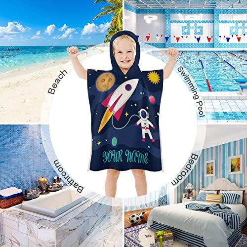 Custom Kids Hooded Bath Towel with Name - Astronaut Rocket Planet Design