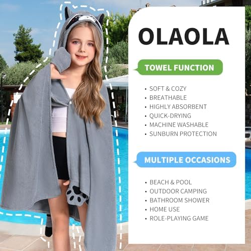 OLAOLA Raccoon Hooded Beach Towel for Kids 3-12 Years