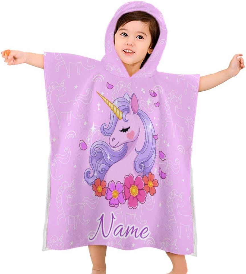 Custom Pink Flower Unicorn Kids Hooded Bath Towel Personalized Name