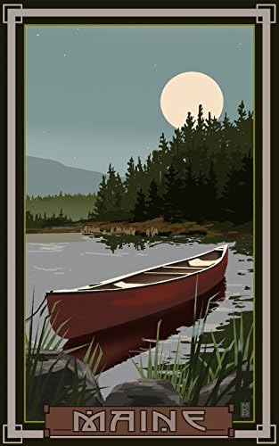 Maine Canoe in Moonlight Travel Art Poster by Mike Rangner 9x12