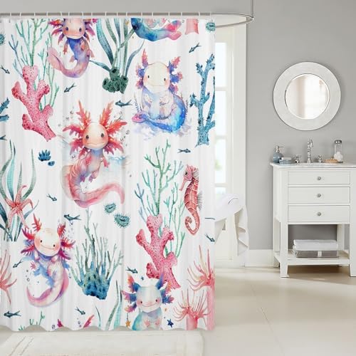 Feelyou Cartoon Axolotl Waterproof Shower Curtain with 12 Hooks 72x72 Inches