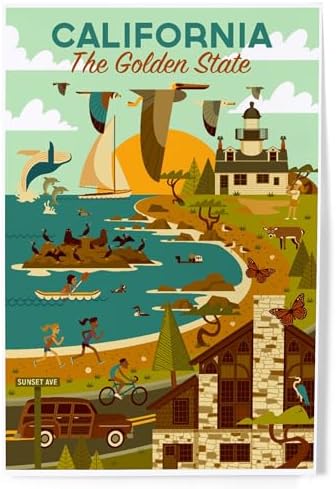 Lantern Press 8x12 Art Print California Golden State Geometric Blue Sky