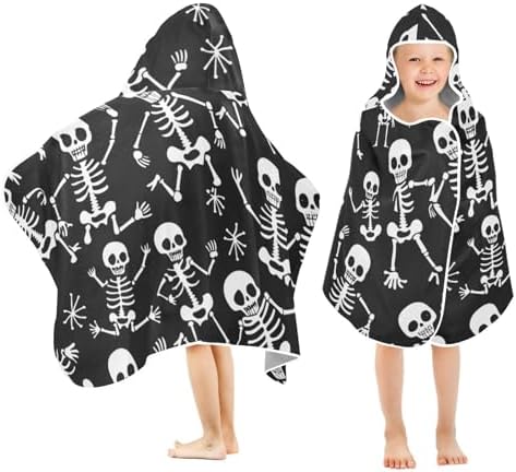Kids Hooded Beach Towel with Cartoon Skeletons and Bones
