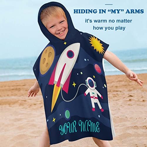 Custom Kids Hooded Bath Towel with Name - Astronaut Rocket Planet Design