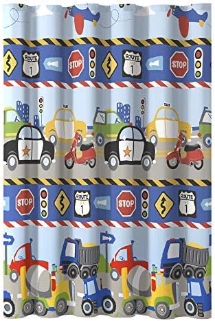 Dream Factory Kids Shower Curtain Blue Red Trains and Trucks 72x72