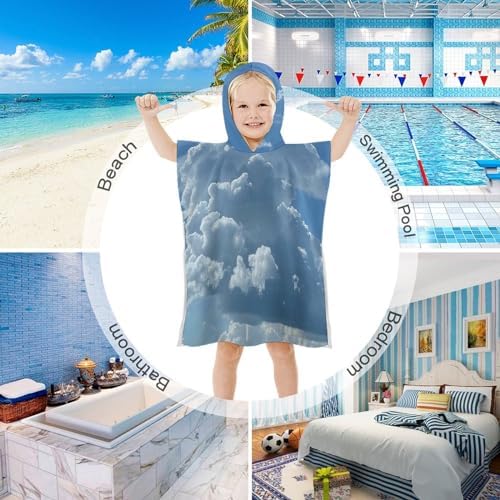 Kids Hooded Bath Towel with White Clouds Print