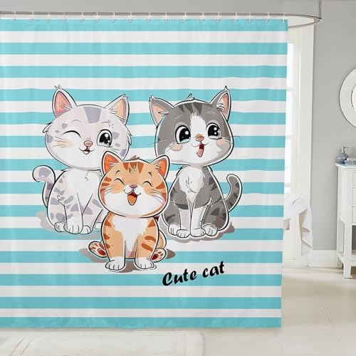 Feelyou Cartoon Cat Shower Curtain Set for Kids Bathrooms