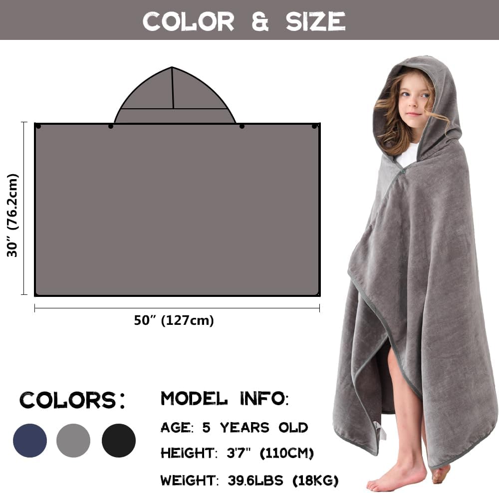 Hiturbo Kids Hooded Bath Towel - 50x30 inches Gray