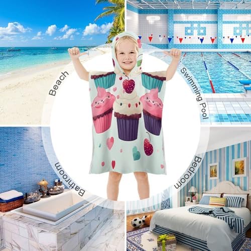 Kids Hooded Beach Towel with Cupcake Candy Hearts Print