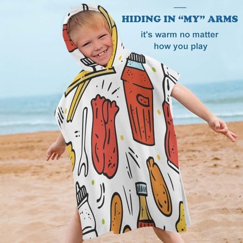 Kids Hooded Bath Towel with Doodle Fast Food Design