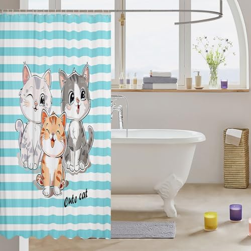 Feelyou Cartoon Cat Shower Curtain Set for Kids Bathrooms