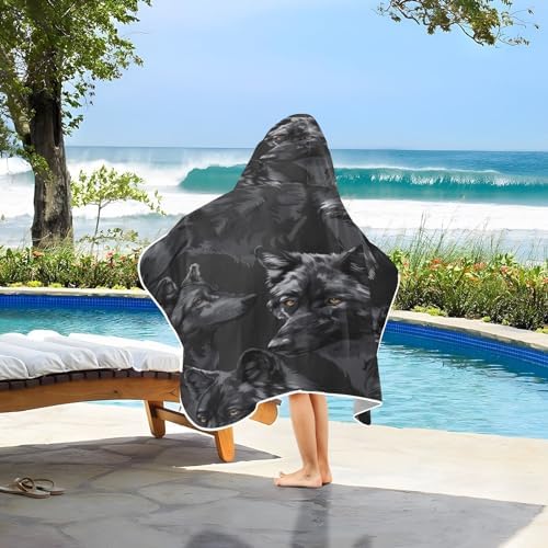 Wolves Head Black Hooded Towel for Kids