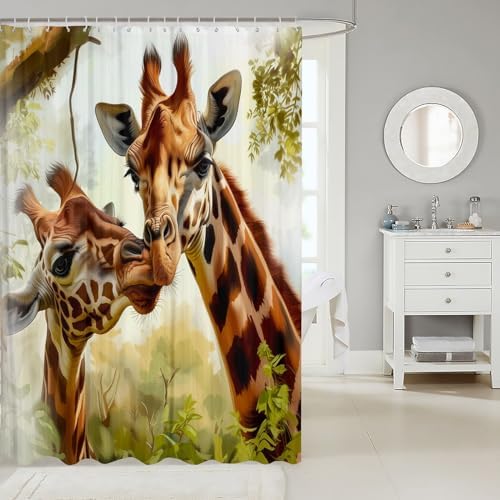 Kids Giraffe Shower Curtain Waterproof Cartoon Jungle Wildlife Set