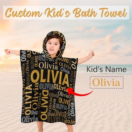 Husguciy Personalized Hooded Towel for Kids Black