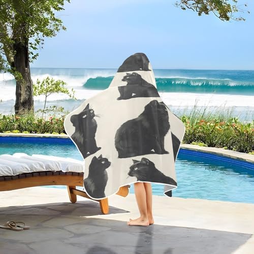 Cute Black Cats Hooded Kids Bath Towel - Soft Lightweight Quick Dry Microfiber