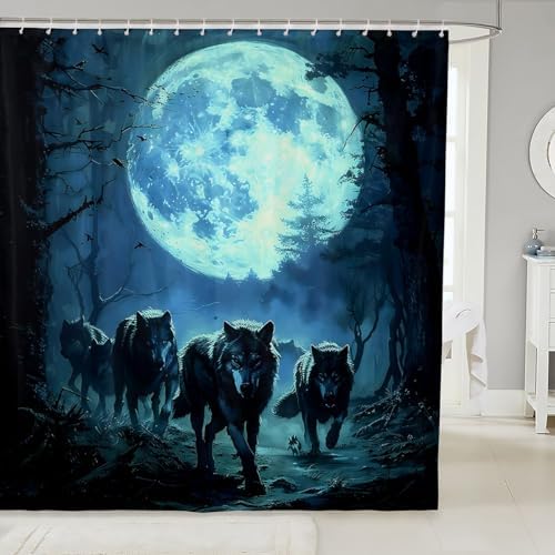 Feelyou Wolf Shower Curtain Kids Blue Bath Decor