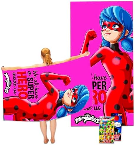 Miraculous Ladybug Beach Towel Set - Bundle with Stickers and Door Hanger