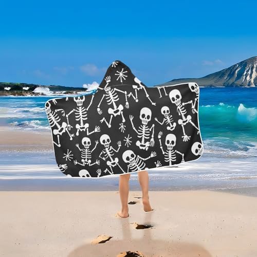 Kids Hooded Beach Towel with Cartoon Skeletons and Bones
