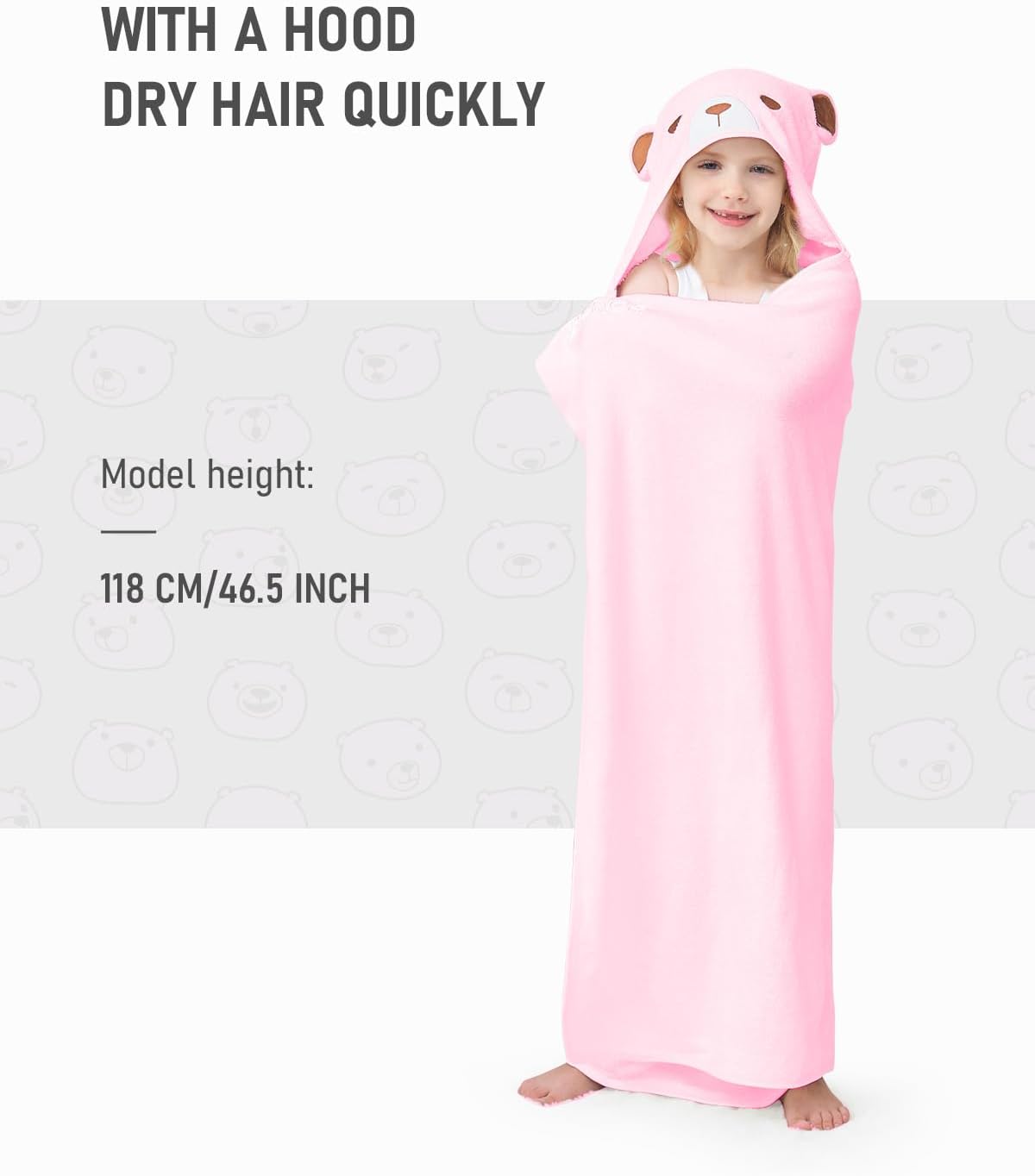 ZIONOR Hooded Bath Towel for Kids - Pink Bear
