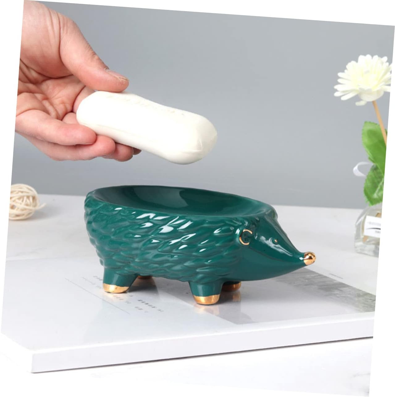 Ceramic Hedgehog Soap Holder Cute Green Bathroom Storage Rack