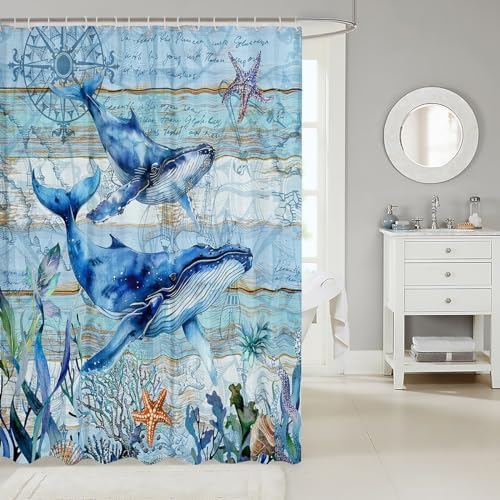 Feelyou Cute Whales Shower Curtain Set 72x78 Kids Ocean Themed