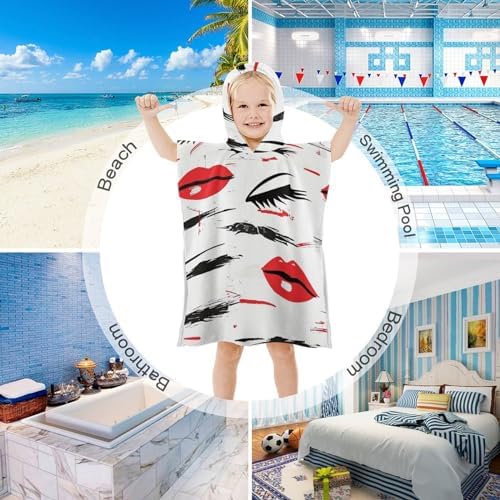 Kids Hooded Bath Towel with Lips and Eyelashes Print