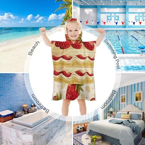 Kids Hooded Beach Towel with Strawberries and Cake Print