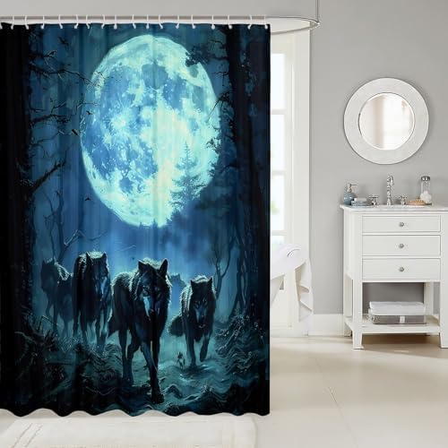 Feelyou Wolf Shower Curtain Kids Blue Bath Decor