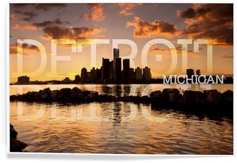 Lantern Press 8x12 Art Print Detroit Michigan Orange Sky and Skyline