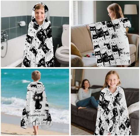 Black Cats Hooded Beach Towel for Kids