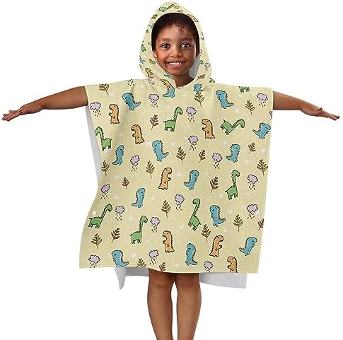 Goronwyfloyd Children Hooded Shower Towel with Yellow Dinosaur Leaf Pattern