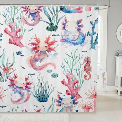 Feelyou Cartoon Axolotl Waterproof Shower Curtain with 12 Hooks 72x72 Inches