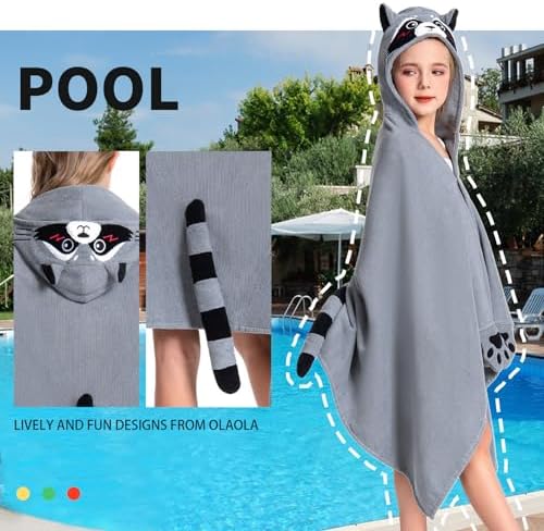 OLAOLA Raccoon Hooded Beach Towel for Kids 3-12 Years