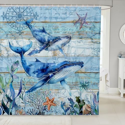 Feelyou Cute Whales Shower Curtain Set 72x78 Kids Ocean Themed