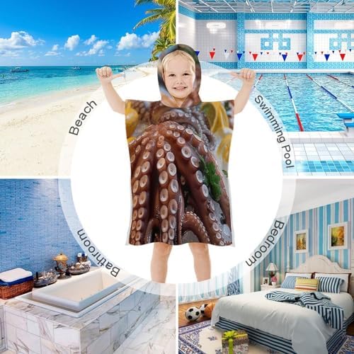 Kids Hooded Bath Towel with Seafood Print