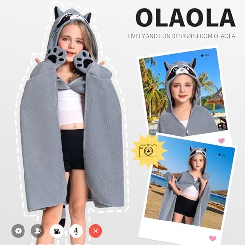 OLAOLA Raccoon Hooded Beach Towel for Kids 3-12 Years