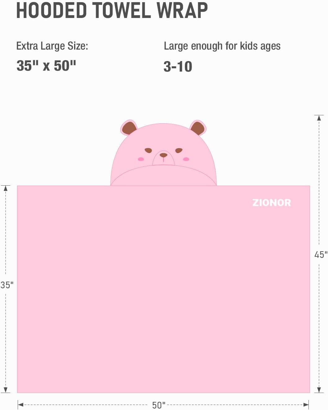 ZIONOR Hooded Bath Towel for Kids - Pink Bear
