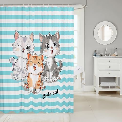 Feelyou Cartoon Cat Shower Curtain Set for Kids Bathrooms
