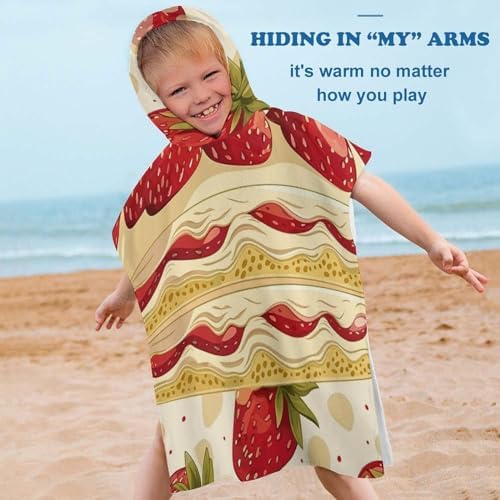 Kids Hooded Beach Towel with Strawberries and Cake Print