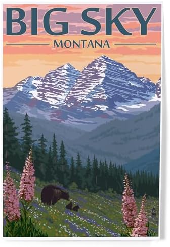 Lantern Press 8x12 Art Print Big Sky Montana Bear and Spring Flowers