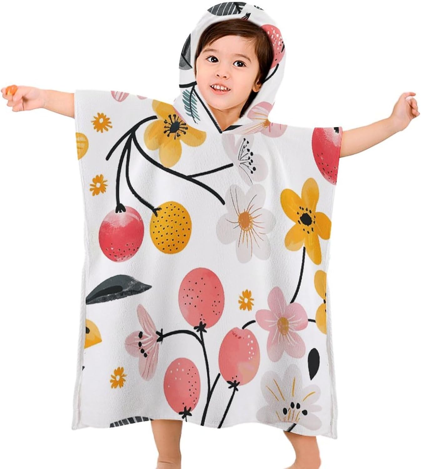 Kids Hooded Beach Towel with Cherries and Flowers Print