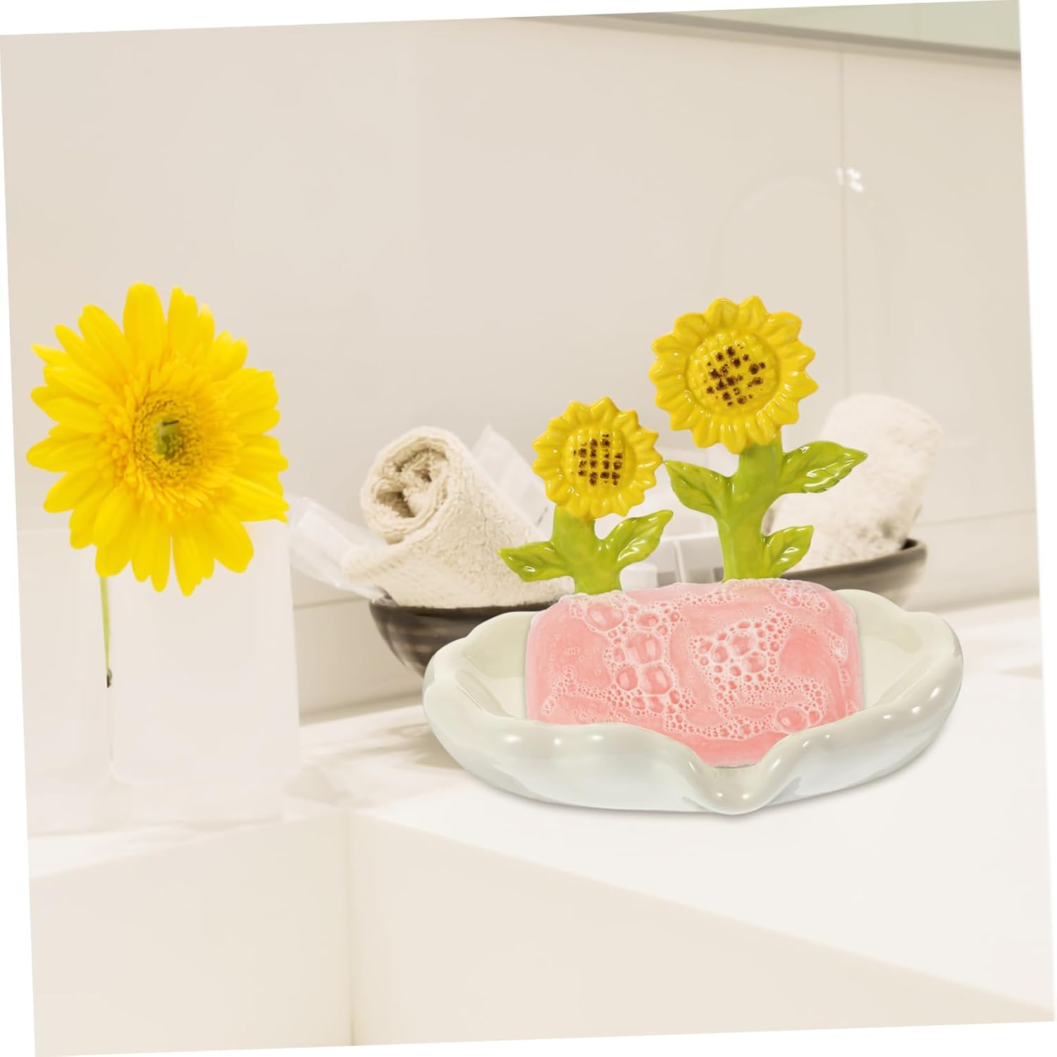 Ciieeo Ceramic Soap Dish with Drainage Sunflower Holder for Bathroom Kitchen