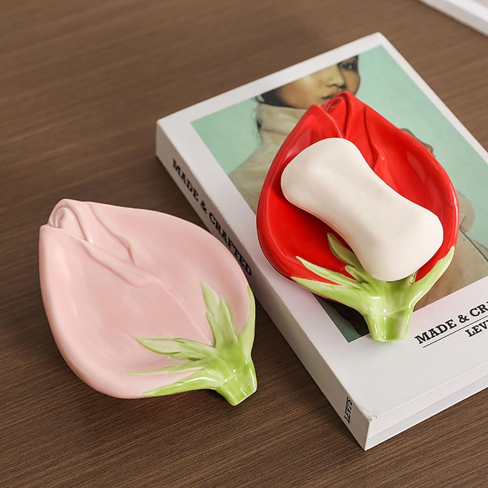 Ceramic Self Draining Soap Dish with Rose Design