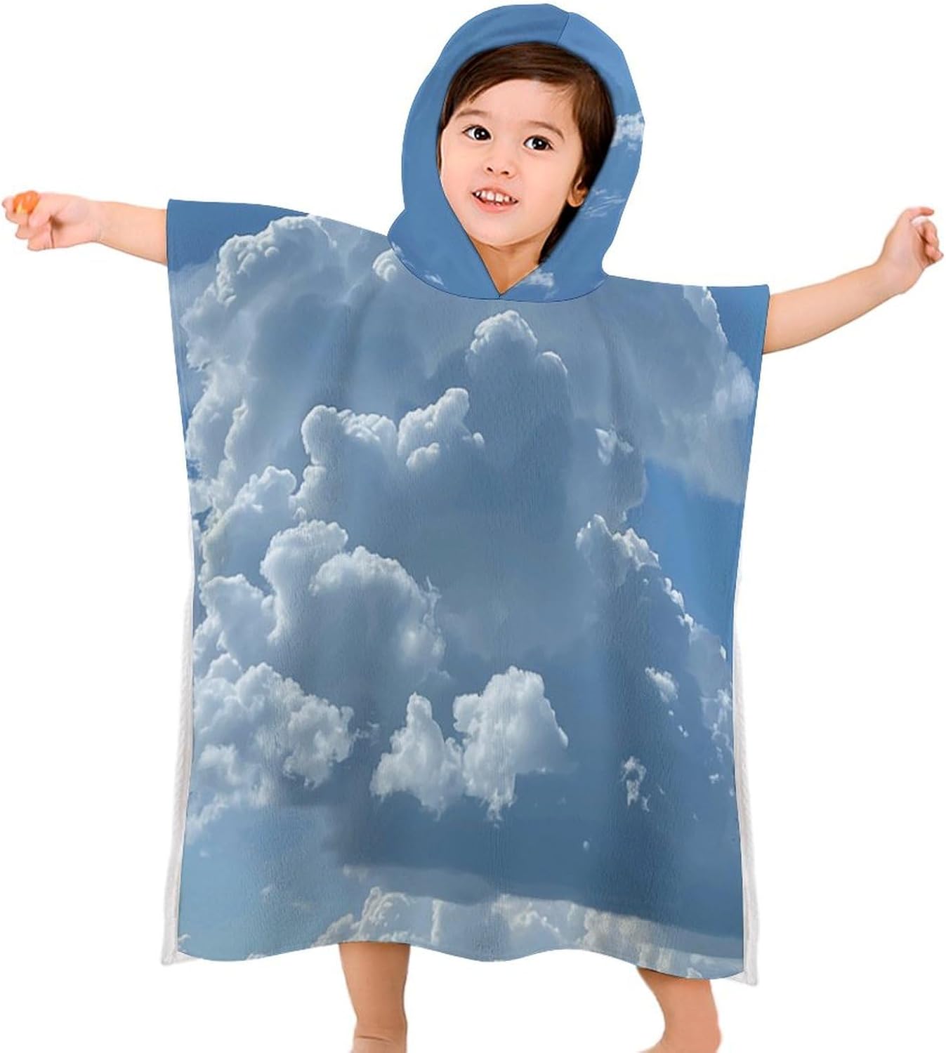 Kids Hooded Bath Towel with White Clouds Print