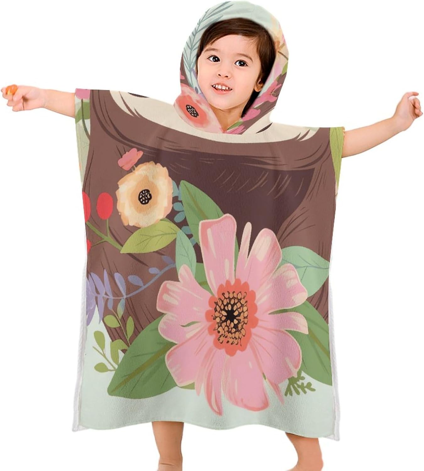 Kids Bath Towel with Sloth and Flowers Print